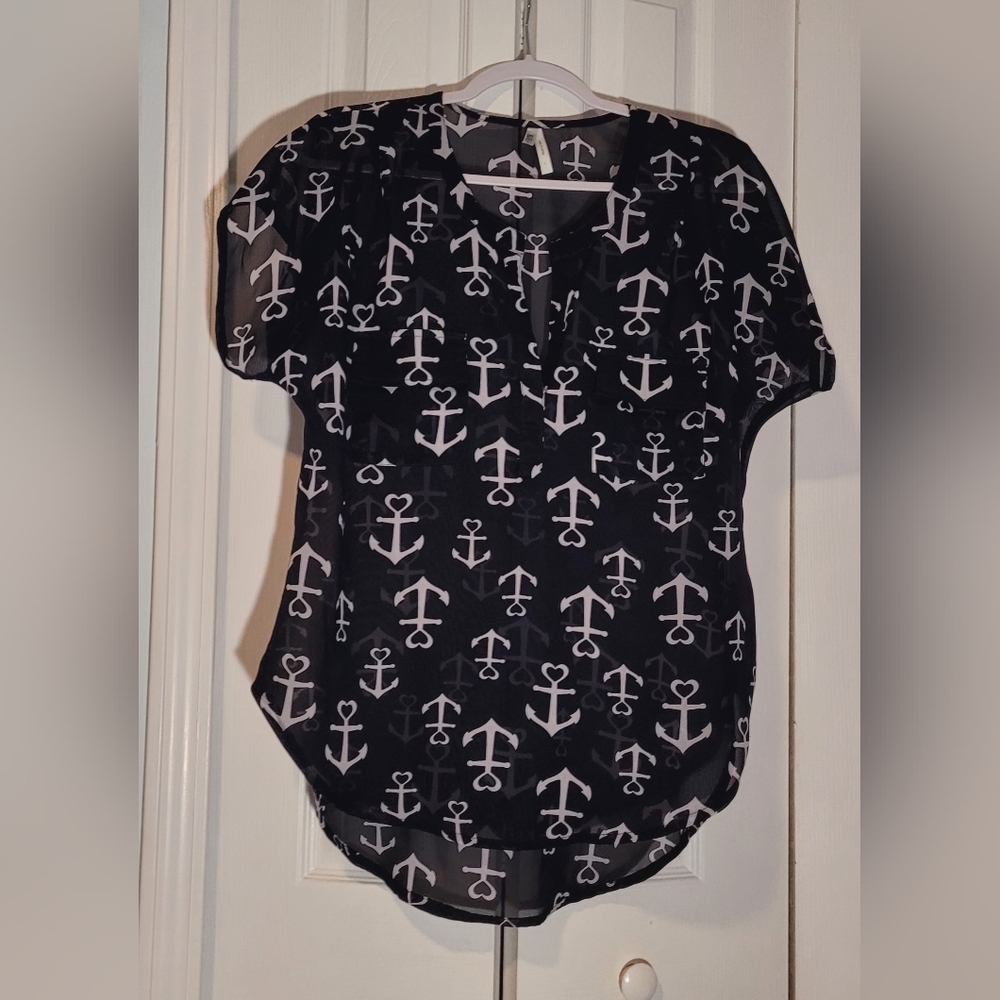 Women's "Live for Truth" Navy Blue and White Anchors cap sleeve blouse Sz L